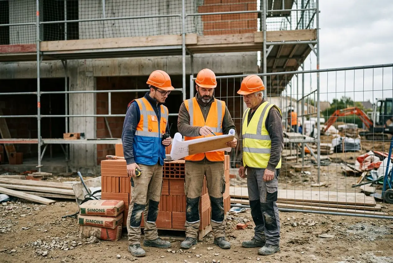 Trois ouvriers du bâtiment en gilet et casques orange sur un chantier, discutant autour d’un plan et de briques—illustration de comment trouver ouvrier qualifié détaché.