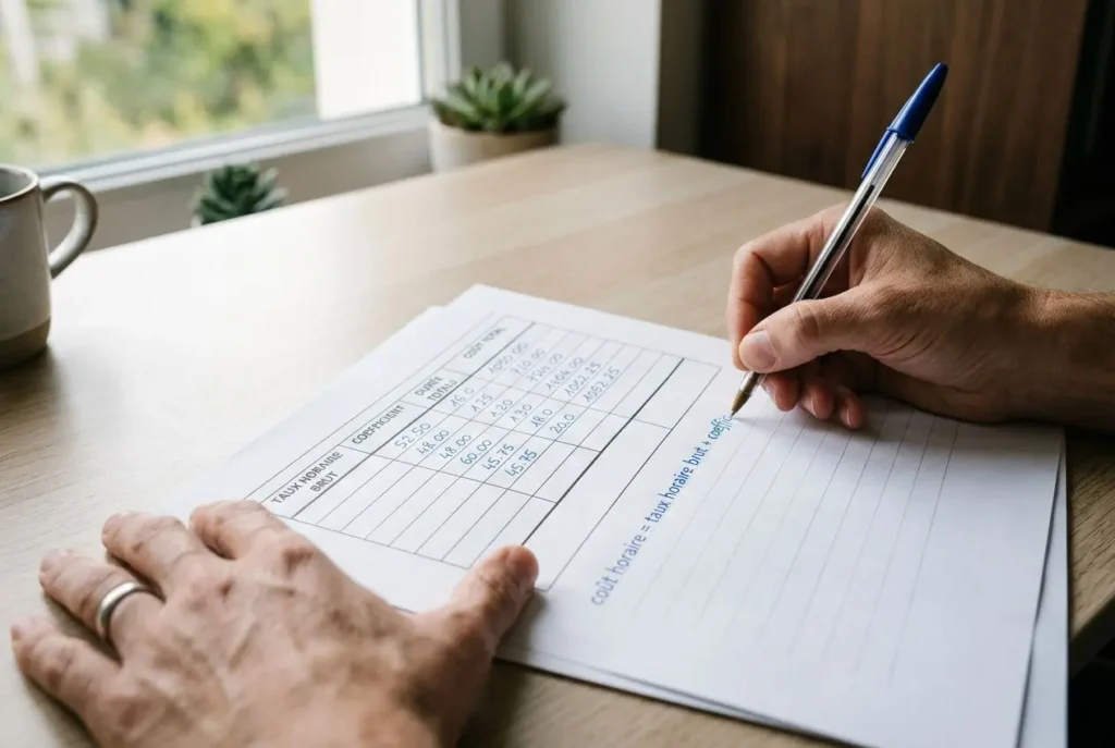 Calcul du coût d'un intérimaire pour un employeur : personne écrit des chiffres sur un document sur une table.