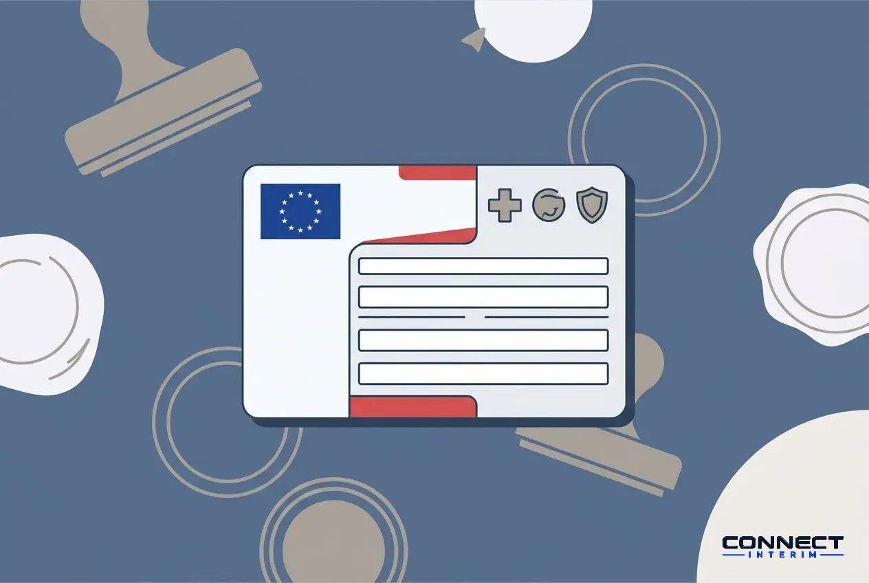 Carte européenne avec inscription et ruban tricolore, symbolisant les obligations légales travailleur détaché en Europe.