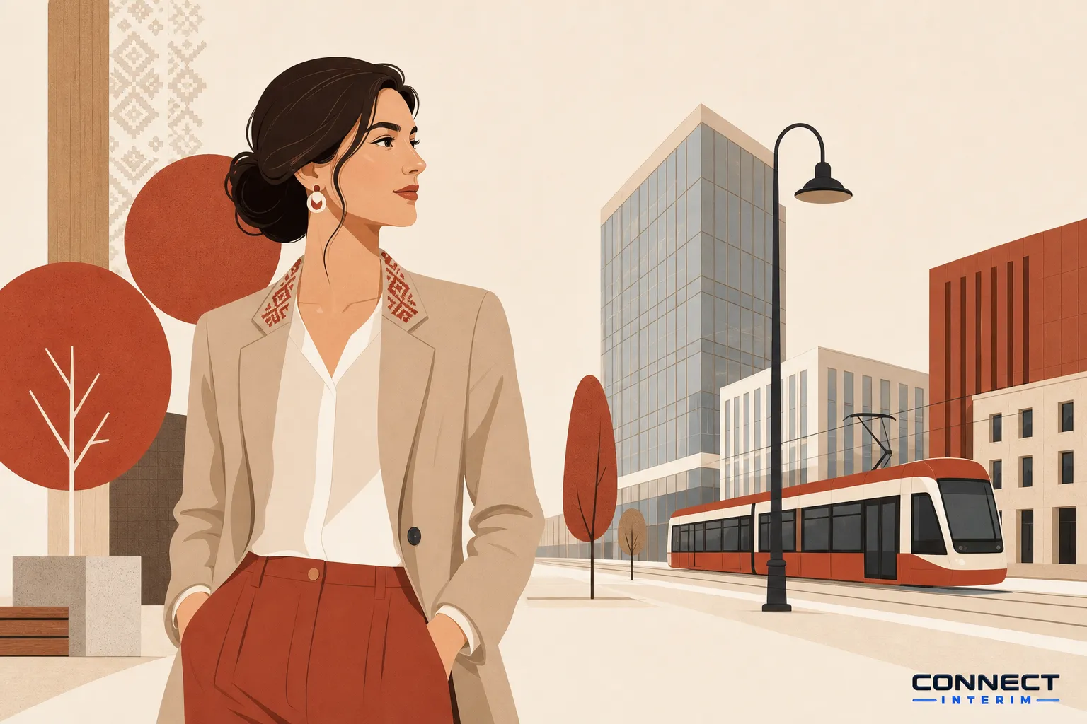 Culture roumaine femme: une femme élégante en tenue professionnelle se promène en ville moderne, imperturbable.