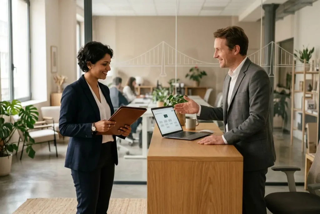 Deux professionnels échangent devant un bureau moderne; l’un tient une tablette, l’autre un ordinateur portable sur un comptoir. Salarié détaché ict signification peut-être évoquée indirectement.