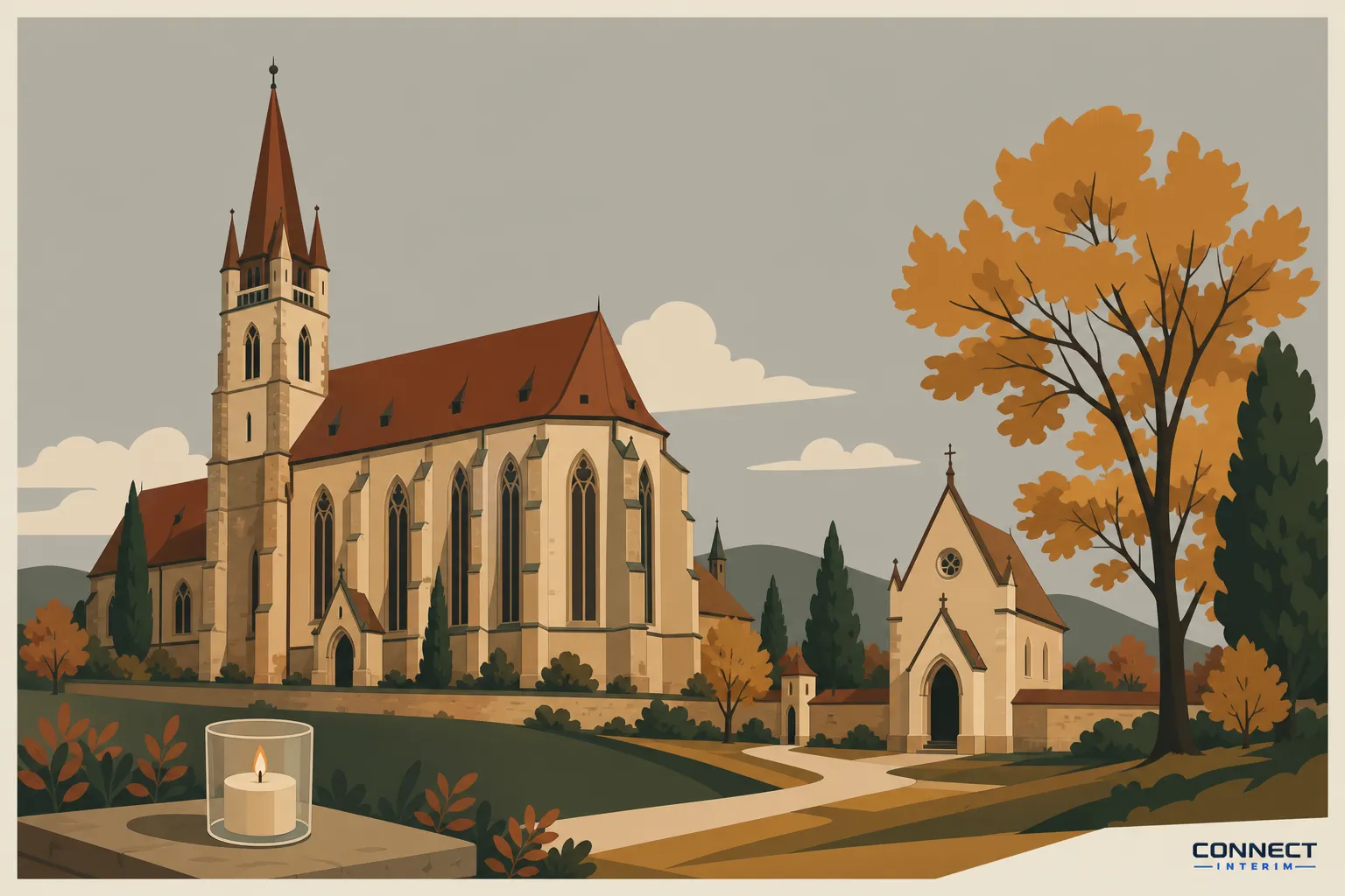 Église gothique et petite chapelle dans un paysage d’automne, chemin sinueux et bougie à gauche; thème lié à la religion en Roumanie.
