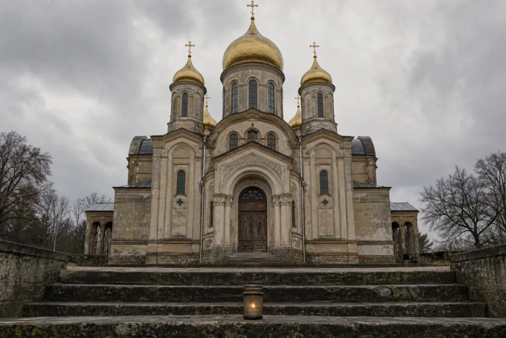 Église orthodoxe historique en Roumanie avec dômes dorés, façade néo-byzantine, marche menant au portail central. religion en Roumanie.