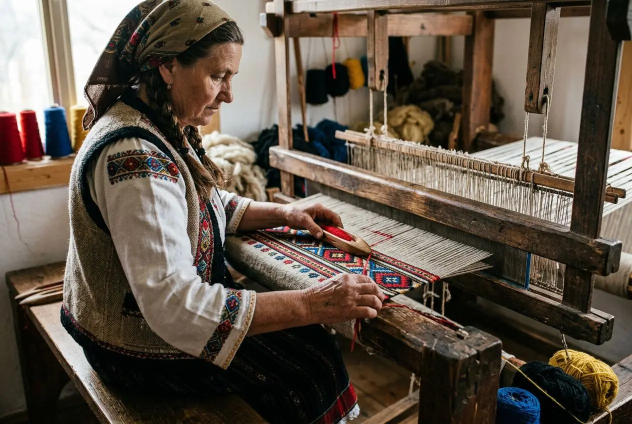 Femme roumaine âgée tissant un motif traditionnel sur un métier à tisser, travail minutieux et héritage culturel. culture roumaine femme