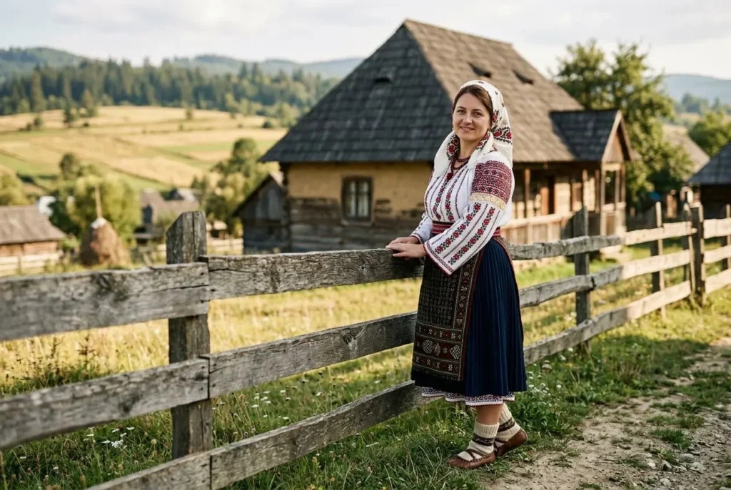 Femme vêtue en costume traditionnel roumain, debout près d’une clôture en bois devant une maisons rustique, paysage rural et collines en arrière-plan, culture roumaine femme.
