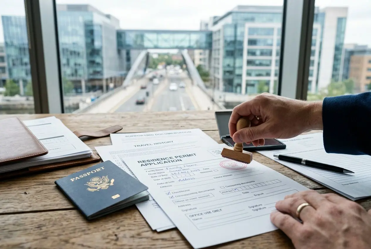Gestion de documents administratifs: un salarié détaché ICT en train de tamponner un formulaire de résidence et de demander un visa, avec passeport et supports professionnels sur le bureau. salarie detache ict signification.