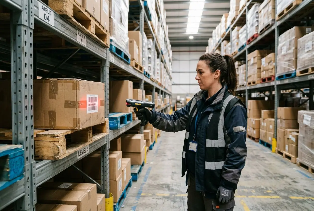 Intérimaire détaché logistique industrie inspectant des colis sur un rayonnage en entrepôt avec un lecteur de code-barres.