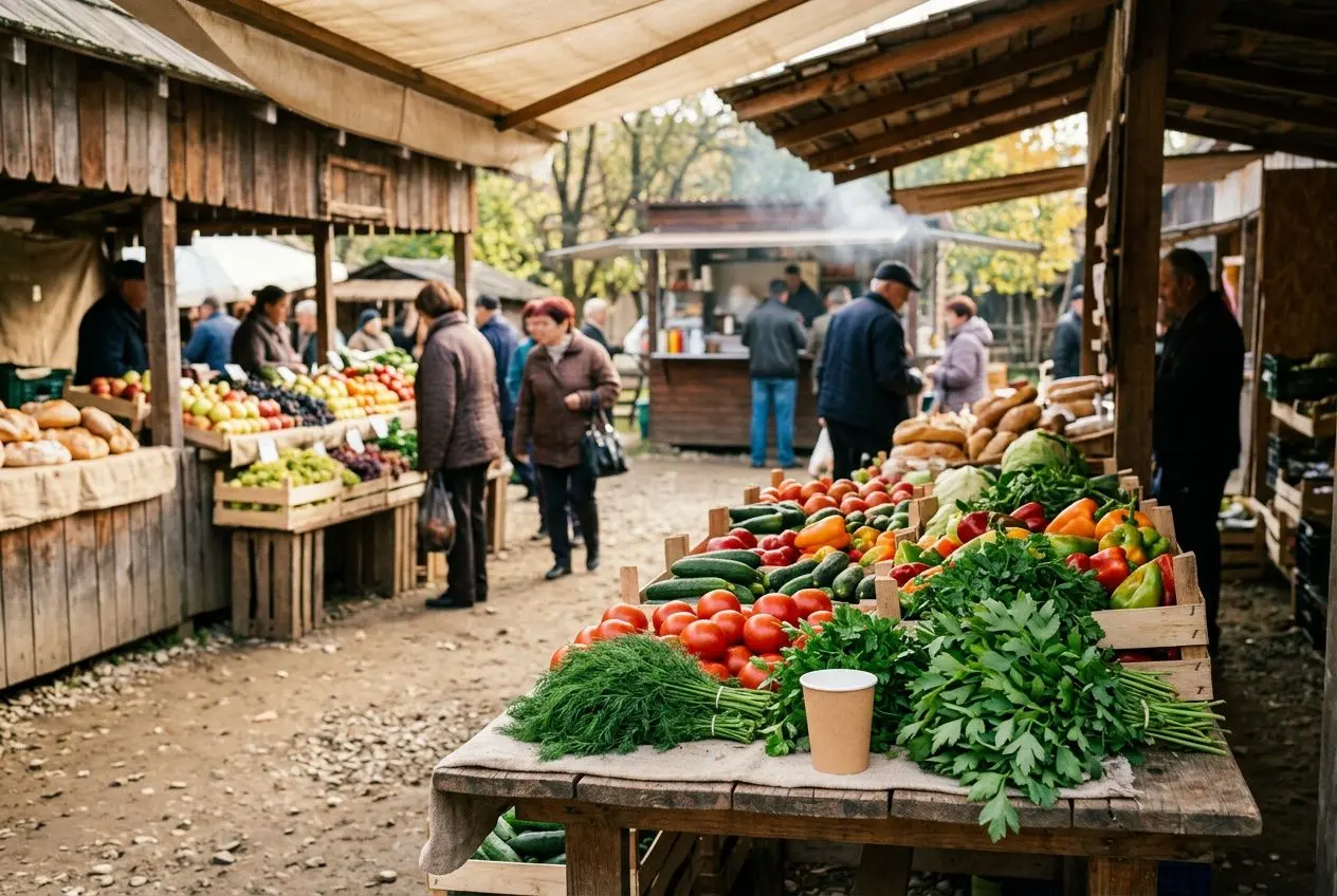 Marché en plein air avec fruits, légumes frais et herbes, ambiance locale et stands en bois. vivre en roumanie coût de la vie intégré naturellement.