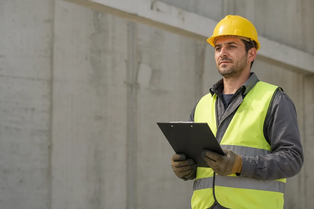 Ouvrier en chantier portant casque et gilet jaune, tenant un cahier noir, devant un mur en béton. salaire d'un ouvrier en roumanie intégré.