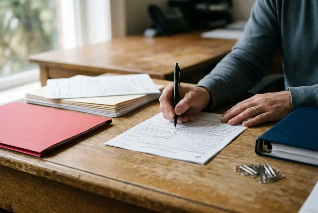 Personne signant un formulaire sur un bureau en bois, avec dossiers et documents à proximité, évoquant des obligations légales liées au travail détaché. Obligation légale travailleur détaché.