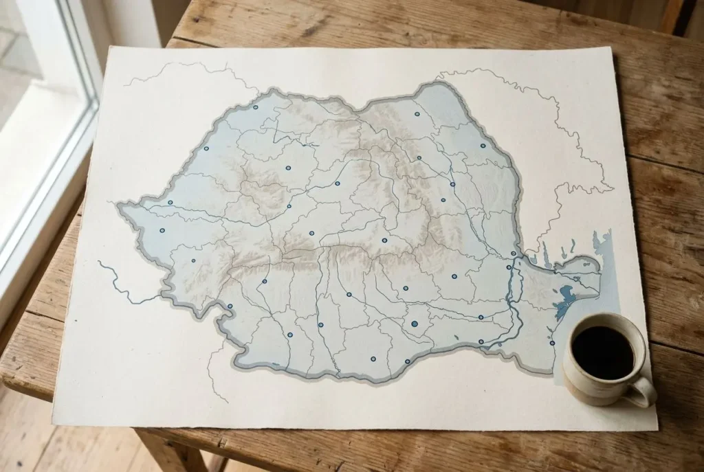 Plan de la Roumanie avec ses villes marquées, posé sur une table en bois près d’un café.