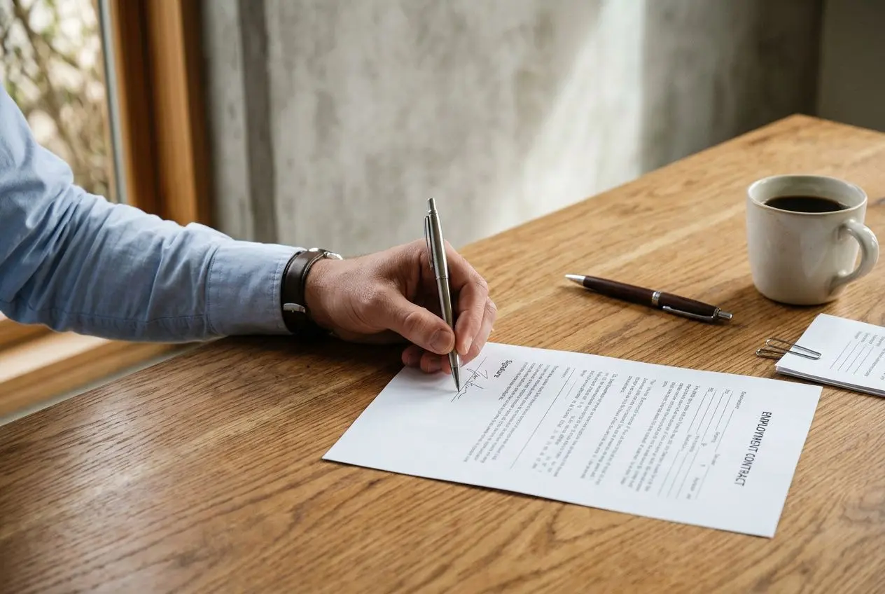 Signature d’un contrat de travail sur une table en bois, avec stylo et tasse de café, illustrant le droit du travail roumanie.