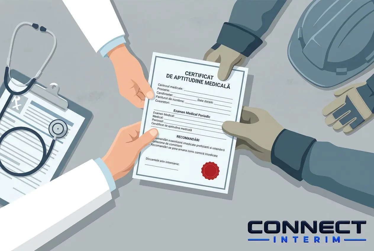Transmission d’un certificat de aptitude médicale entre un médecin et un travailleur, avec un casque sur la table et des documents. droit du travail roumanie.