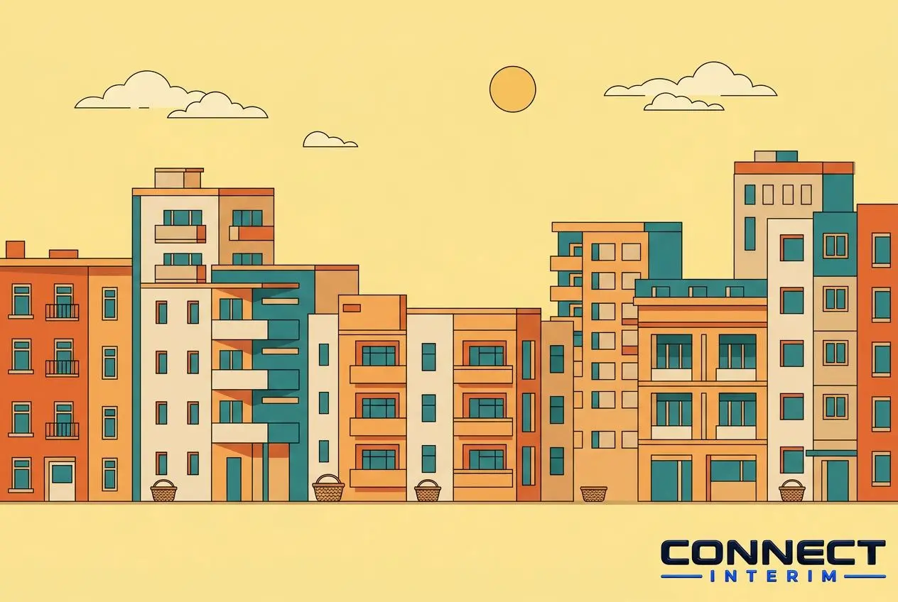 Ville colorée et moderne avec immeubles alignés, ciel jaune et soleil, logo "CONNECT INTERIM" en bas à droite. vivre en roumanie coût de la vie intégré.